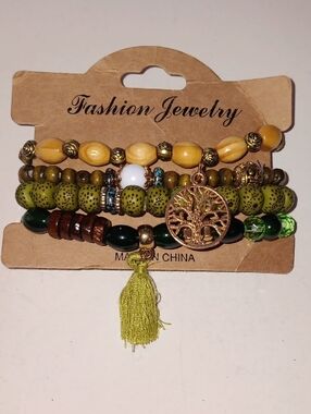 Beaded Cluster Stacked 4 Bracelets with Tree of Life Charm & Tassel New!